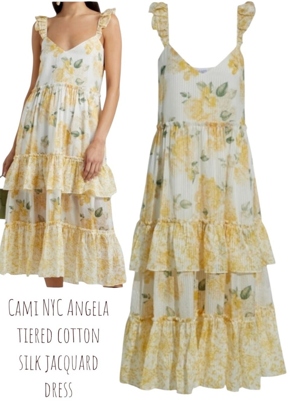 Cami NYC Women's Angela tiered cotton silk jacquard Ruffle Floral dress Yellow M